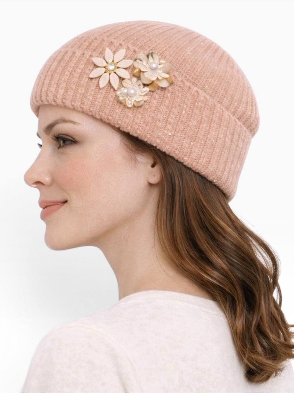 H&M Powder pink Knit Beanie With Floral Crystal Embellishments Womens Winter Hat
